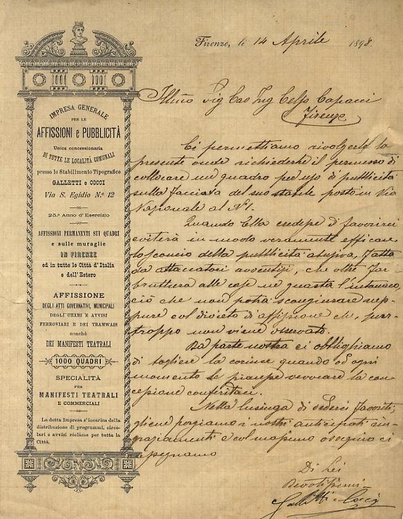 Abebooks Lettera manoscritta firmata "Galletti e Cocci" una facciata su carta intestata "Impresa Generale per le affissioni e pubblicità" datata: Firenze li 14 aprile 1898". "Ill.mo Sig. Cav. Ing. Celso Capacci Ci permettiamo r
