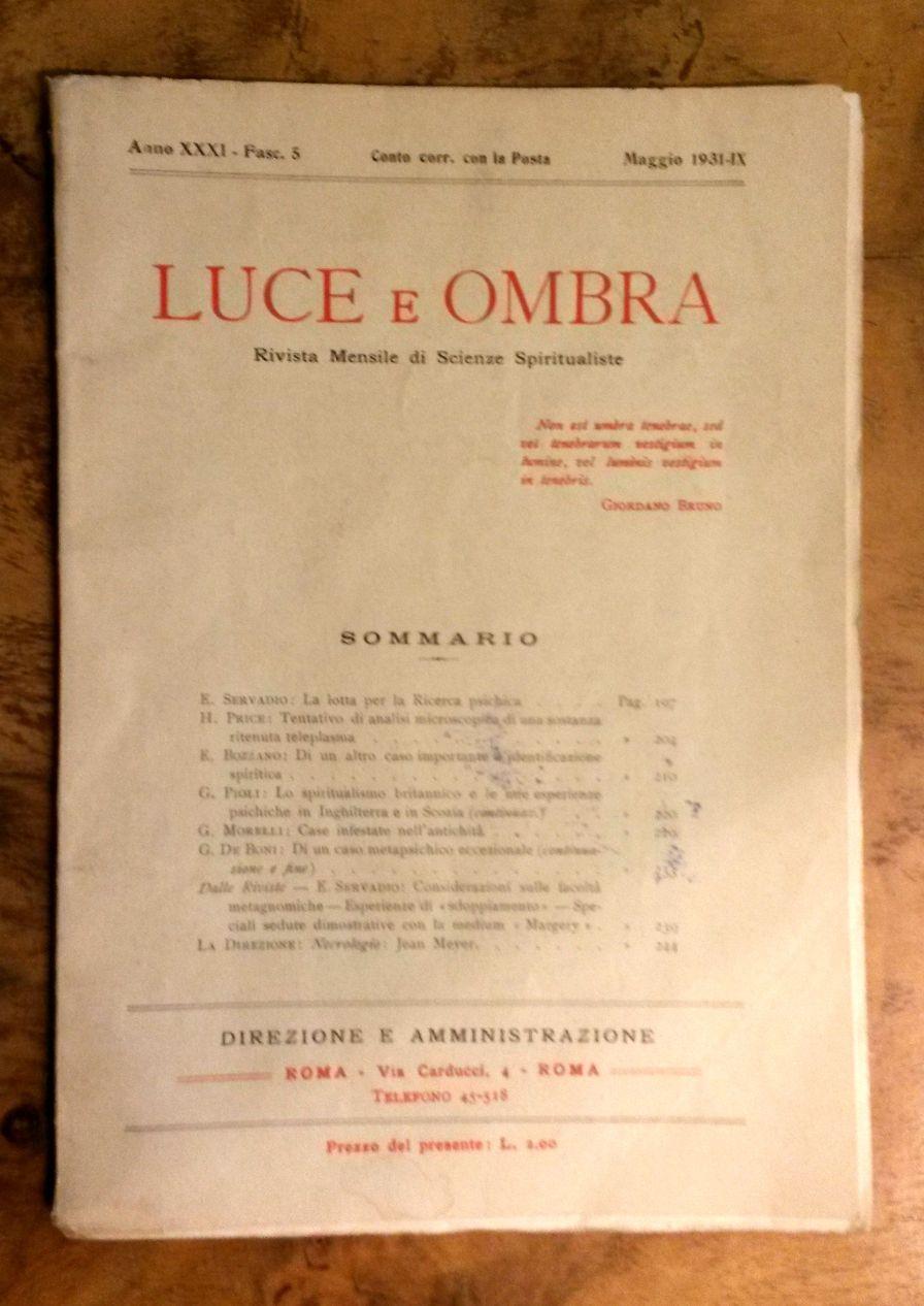 Abebooks Luce e Ombra. Rivista mensile di Scienze Spiritualiste. Fascicolo 5 maggio 1931 - IX