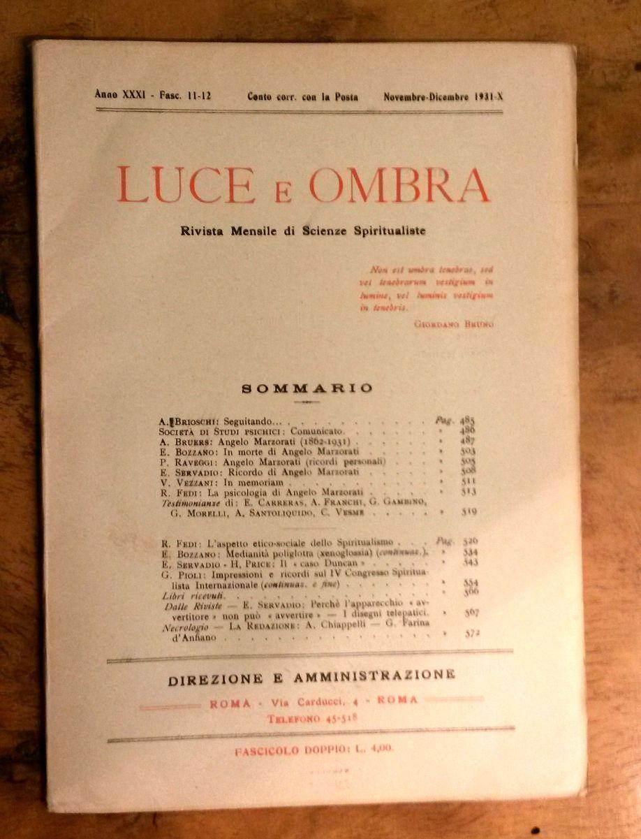 Abebooks Luce e Ombra. Rivista mensile di Scienze Spiritualiste. Fascicolo doppio n. 11-12 novembre-dicembre 1931 - X