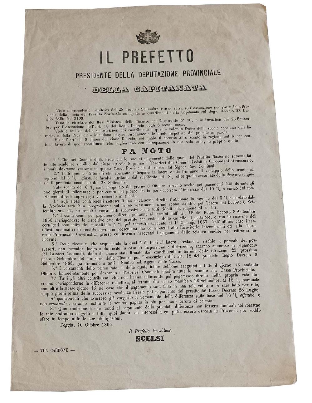 Abebooks Manifesto 1866 Pagamento delle quote del Presidio Nazionale CAPITANATA Foggia