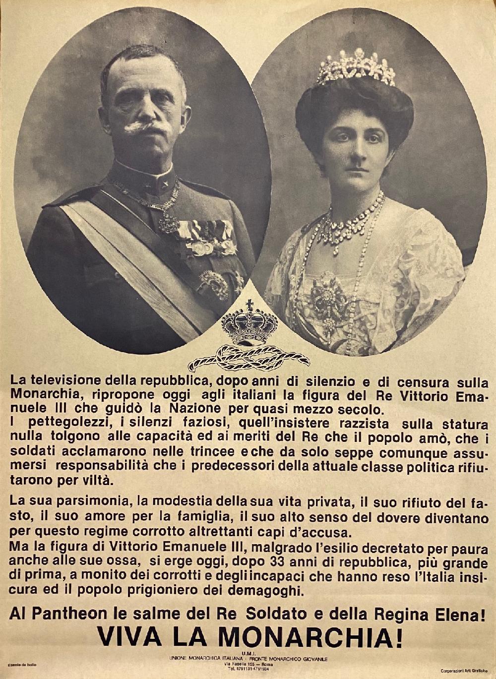 Abebooks Manifesto murale recante in alto i ritratti in ovale di Vittorio Emanuele e della Regina Elena e sotto il seguente testo: "La televisione della repubblica dopo anni di silenzio e di censura sulla Monarchia ripropone ogg