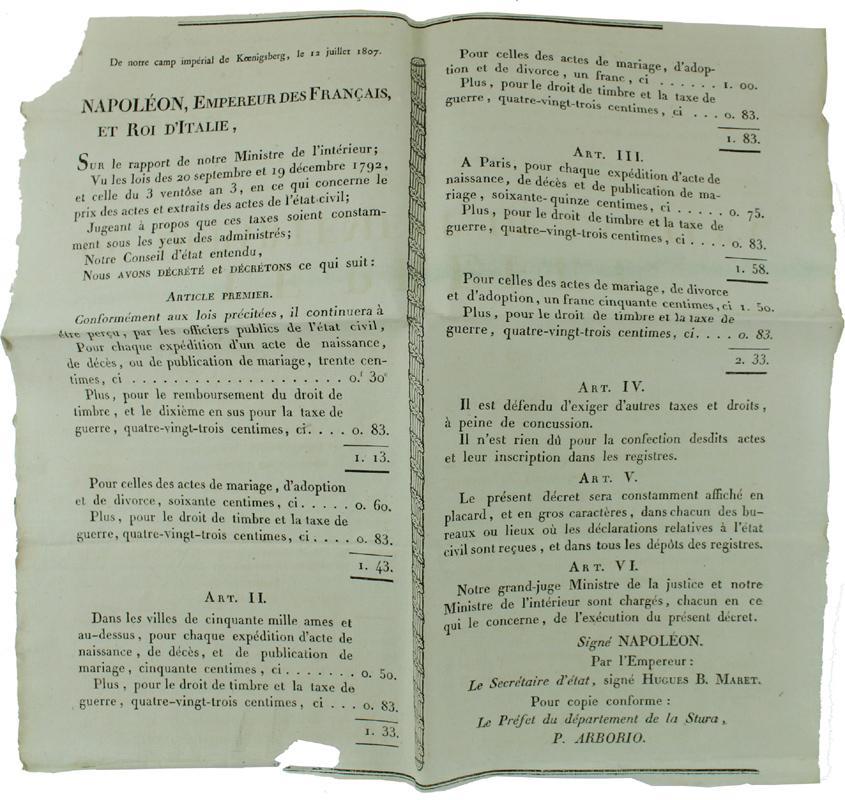 Abebooks NAPOLEON EMPEREUR DES FRANÇAIS ET ROI D'ITALIE… De notre camp impériale de Koenigsberg le 12 jullier 1807. [Documento originale]: