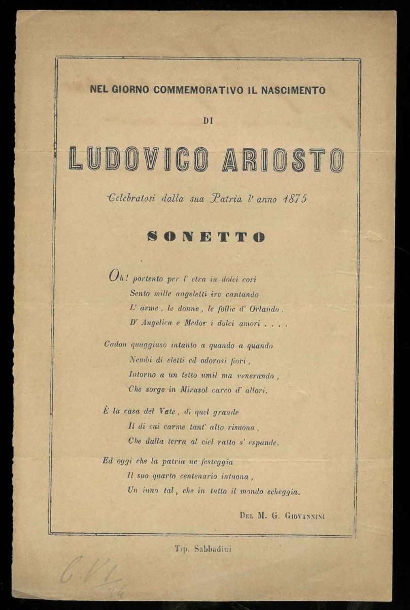 Abebooks Nel giorno commemorativo il nascimento di Ludovico Ariosto Celebratosi dalla sua Patria l'anno 1875