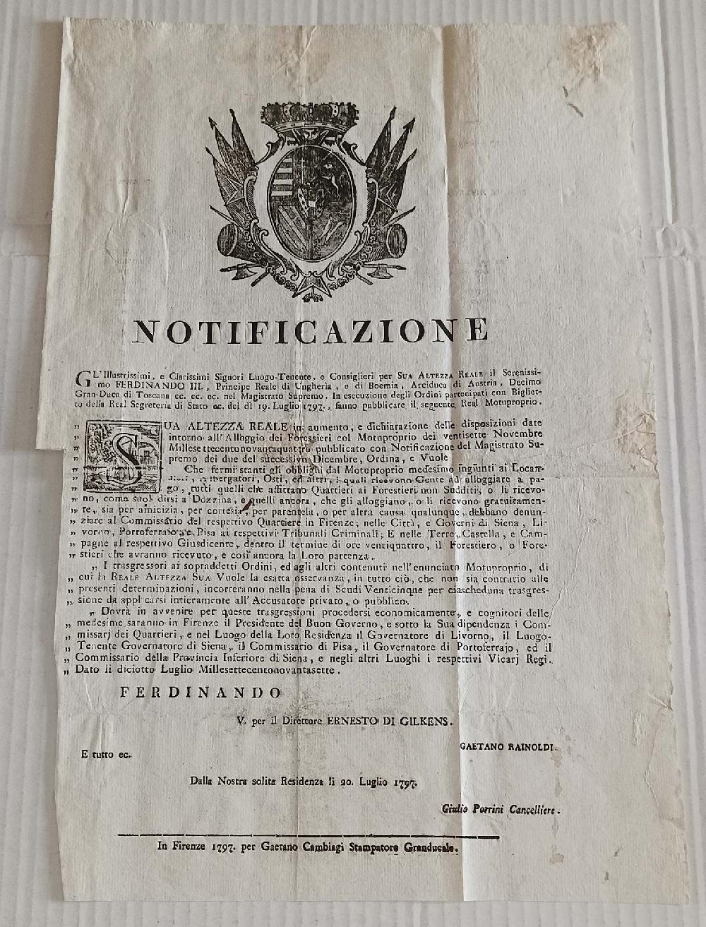 Abebooks NOTIFICAZIONE Disposizioni Alloggio Forestieri Firenze Portoferrario Pisa 1797