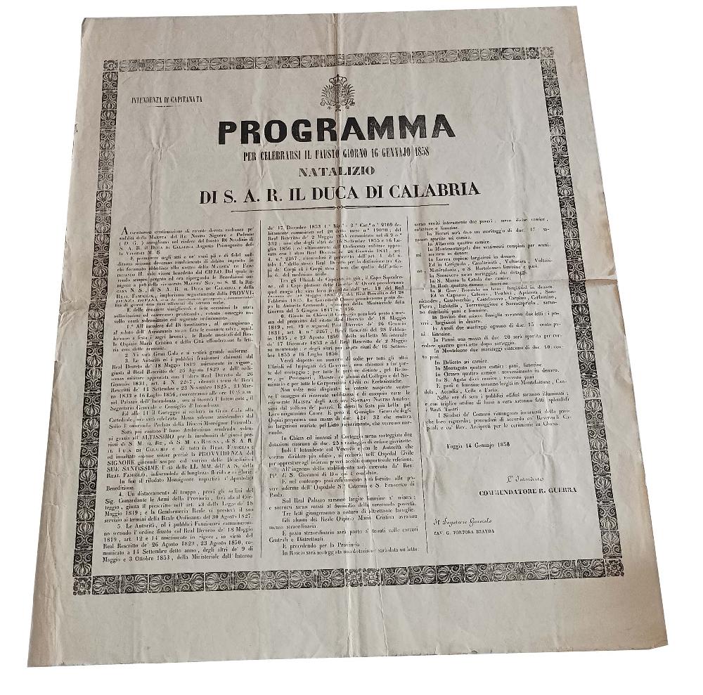 Abebooks Programma per celebrarsi il fausto giorno 16 Gennaio 1858 natalizio di S.A.R. il Duca di Calabria Intendenza di Capitanata
