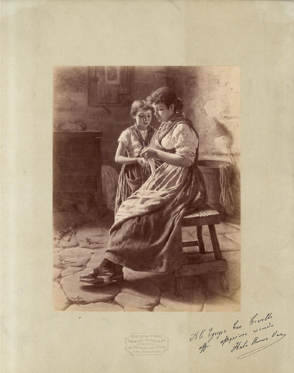 Abebooks [Quadro di Italo Nunes Vais raffigurante una giovane contadina seduta su uno sgabello intenta ad insegnare a una bambina come fare un merletto]