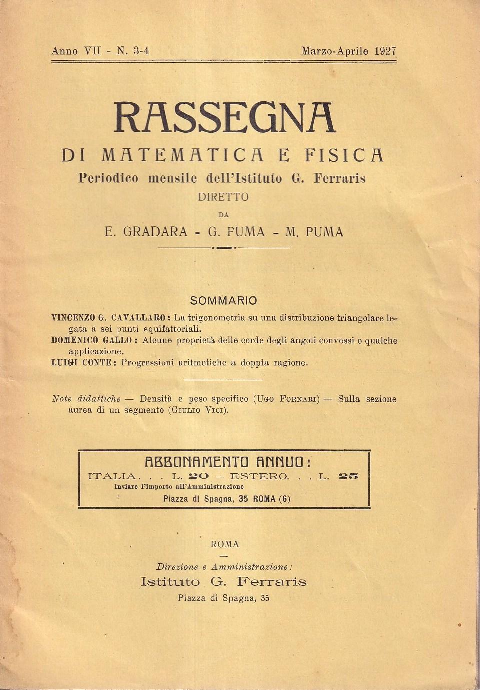 Abebooks Rassegna di matematica e fisica - anno VII n. 3-4 - marzo-aprile 1927