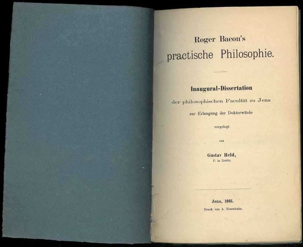 Abebooks Roger Bacon's practische Philosophie. Inaugural-Dissertation der philosophischen Facultat zu Jena zur Erlangung der Doktorwurde