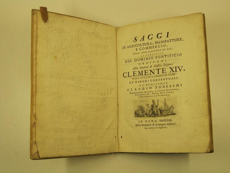Abebooks Saggi di agricoltura manifatture e commercio coll'applicazione di essi al vantaggio del Dominio Pontificio dedicati alla Santita' di Nostro Signore Clemente XIV della citta' di S. Angelo in Vado de' Minori Conventuali d