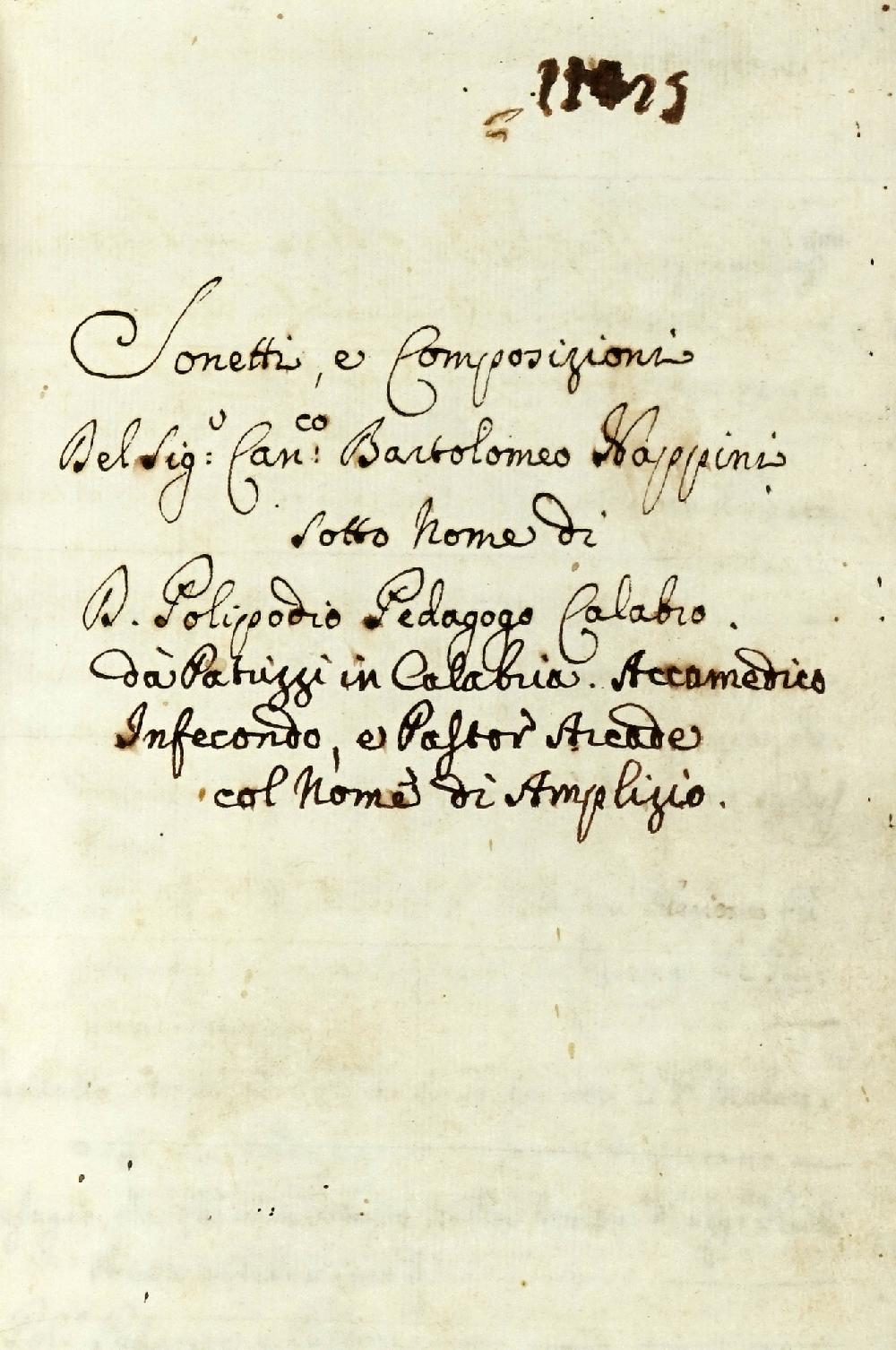 Abebooks Sonetti E Composizioni Del Sig. Can.co Bartolomeo Nappini Sotto Il Nome Di D. Polipodio Pedagogo Calabro Da Patrizi In Calabria. Accademico Infecondo E Pastor Arcade Col Nome Di Amplizio