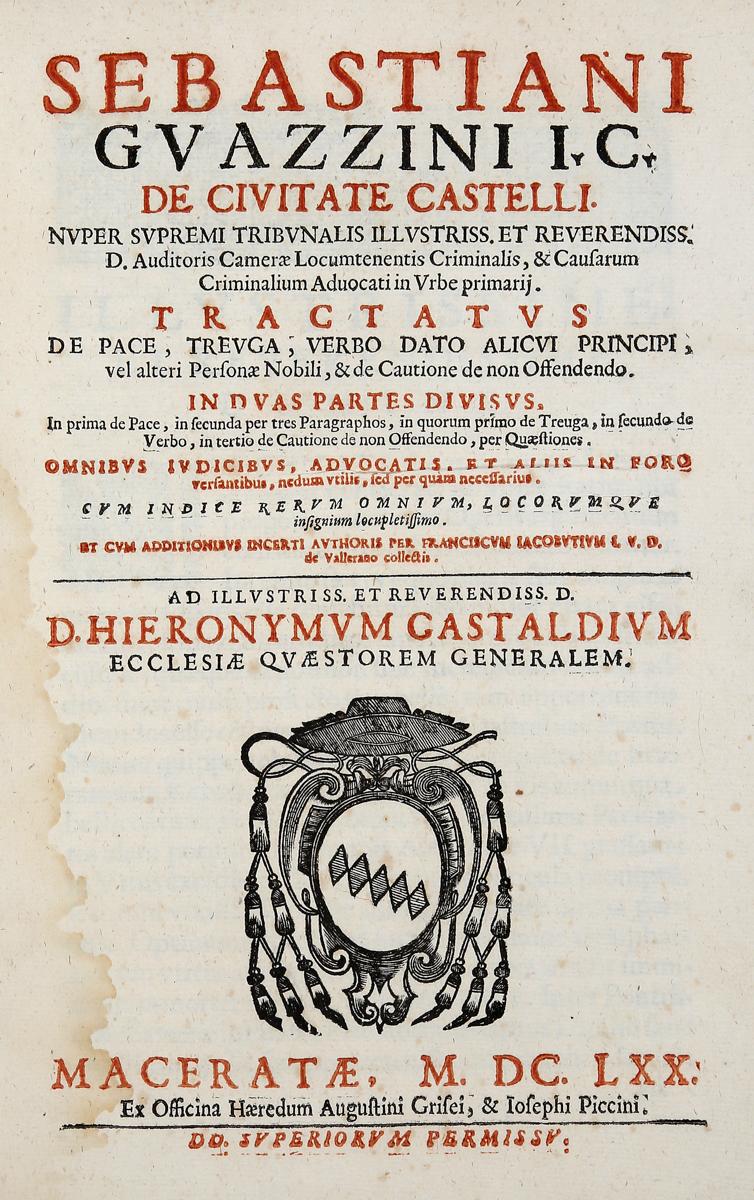 Abebooks Tractatus de pace treuga verbo dato alicui principi vel alteri personae nobili & de cautione de non offendendo. In duas partes divisus.Cum Additionibus incerti authoris per Franciscum Iacobutium.Maceratae ex off. haered