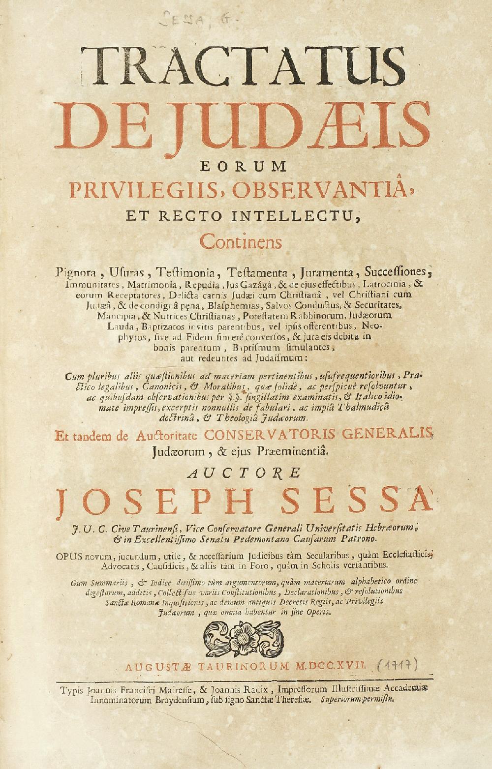 Abebooks Tractaus de Judaeis eorum Privilegiis Observantia et recto Intellectu. Continens.Pignora Usuras Testimonia Testamenta Juramenta Successiones