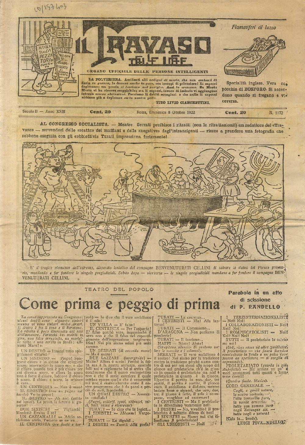 Abebooks TRAVASO (IL) delle idee. Giornale ufficiale delle persone intelligenti. Anno XXIII. N. 1172. 8 ottobre 1922