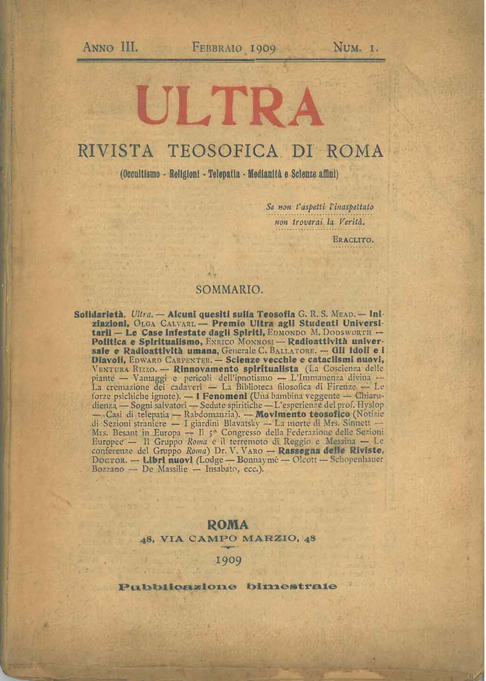 Abebooks Ultra. Rivista teosofica di Roma. (Occultismo religioni telepatia medianità e scienze affini). Pubblicazione bimestrale. Anno III 1909 annata completa