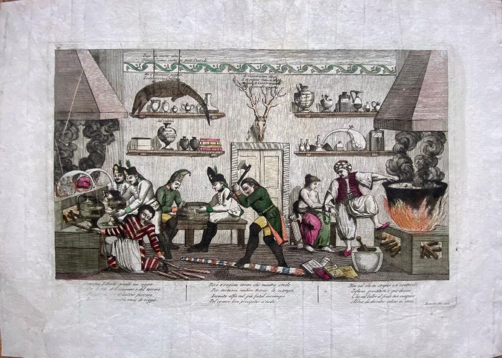 Abebooks Vignetta satirica sulla distruzione della Repubblica ambientata in un gabinetto alchemico:Ovunque libertà piantò suo seggio/ Per le vie dell'inganno e del terrore/ Fuggire in van il militar furrore/ Esecrata e proscri