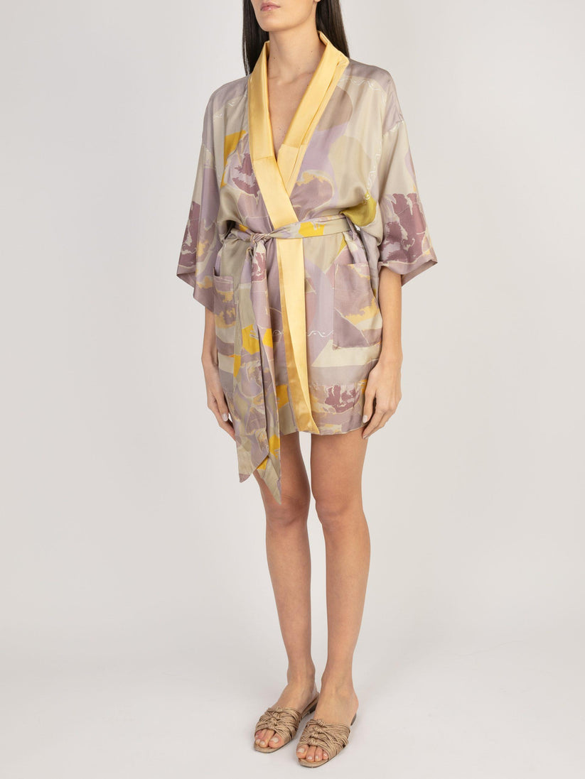 Sans Tabù Kimono Corto In Pura Seta Manica Lunga "Pillow Talk" - Dawn