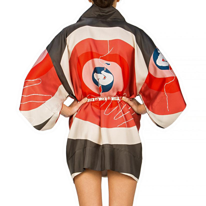 Sans Tabù Kimono Corto Pura Seta Manica Lunga "Il Bacio" – Steel