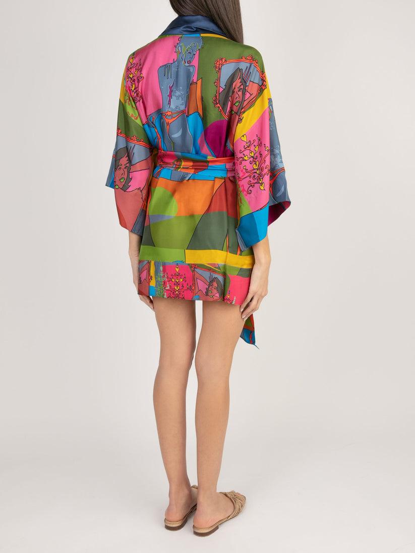 Sans Tabù Kimono Corto Pura Seta Manica Lunga “Specchio Delle Mie Brame” - Dark Rose