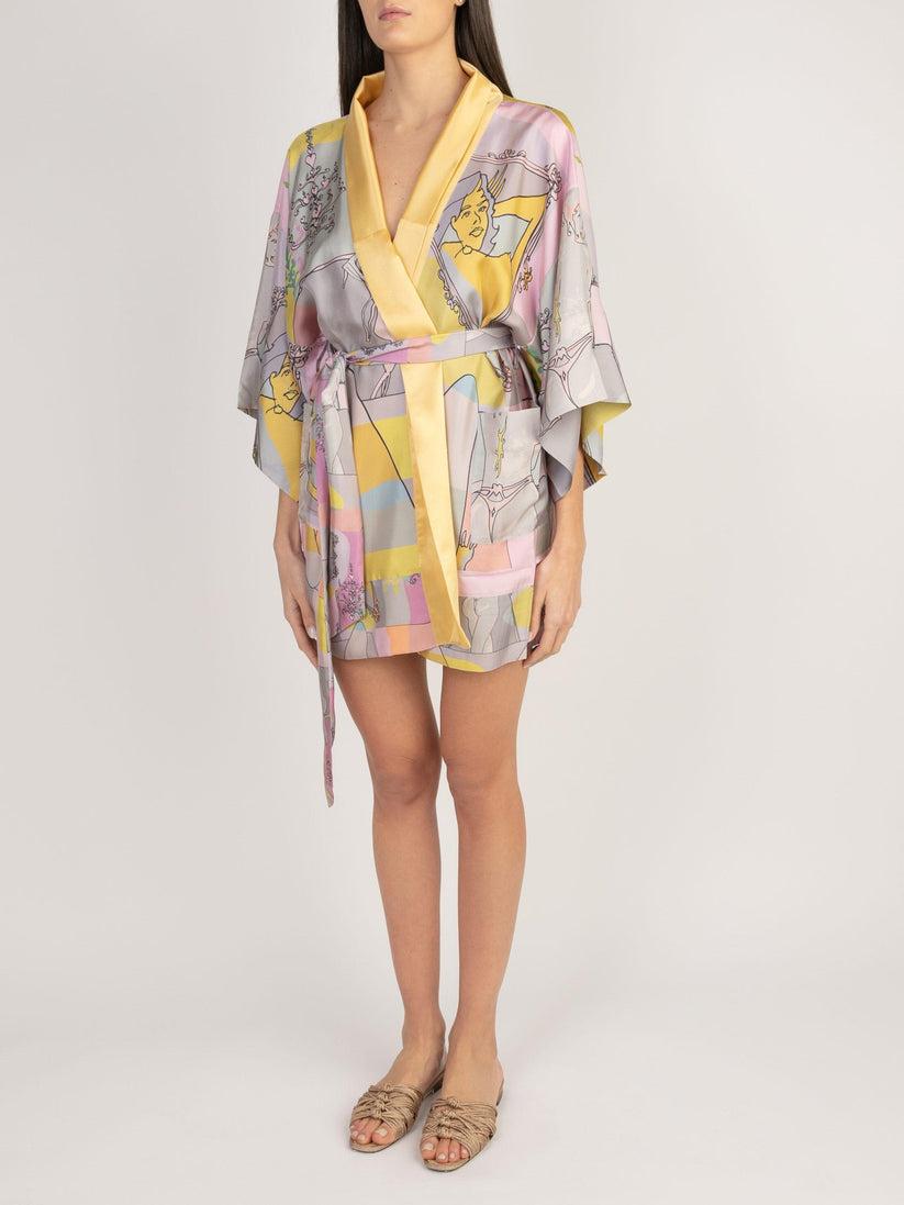 Sans Tabù Kimono Corto Pura Seta Manica Lunga “Specchio Delle Mie Brame” – Rose