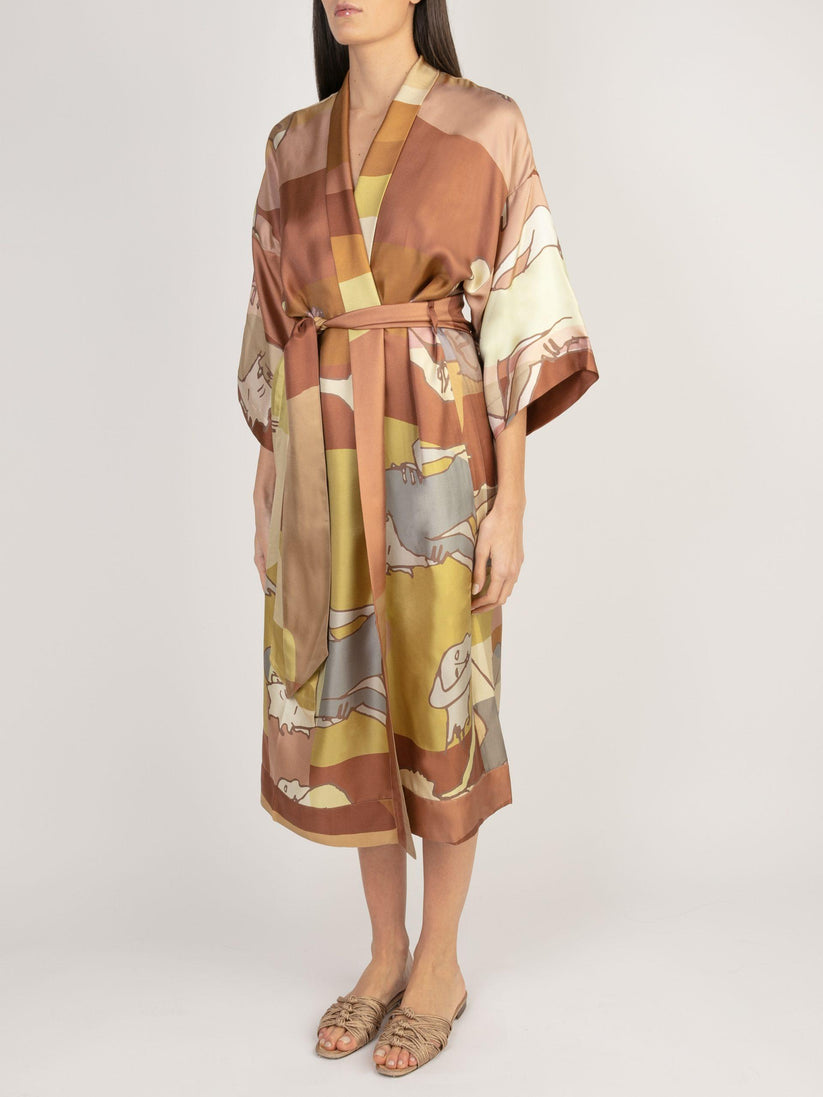 Sans Tabù Kimono Lungo Manica A ¾ Pura Seta "L'amore" - Twilight