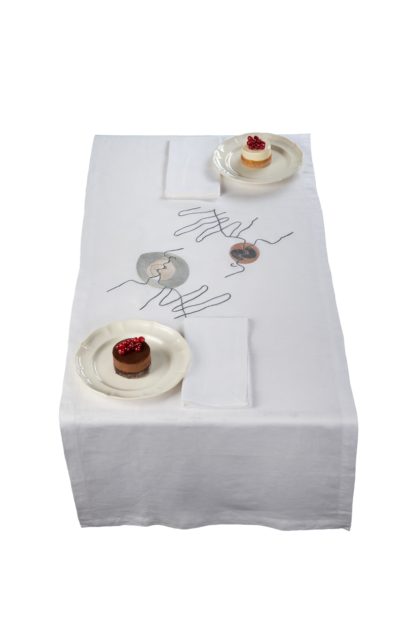 Sans Tabù Runner Bianco In Lino Grezzo Ricamato & 2 Tovaglioli - Il Bacio