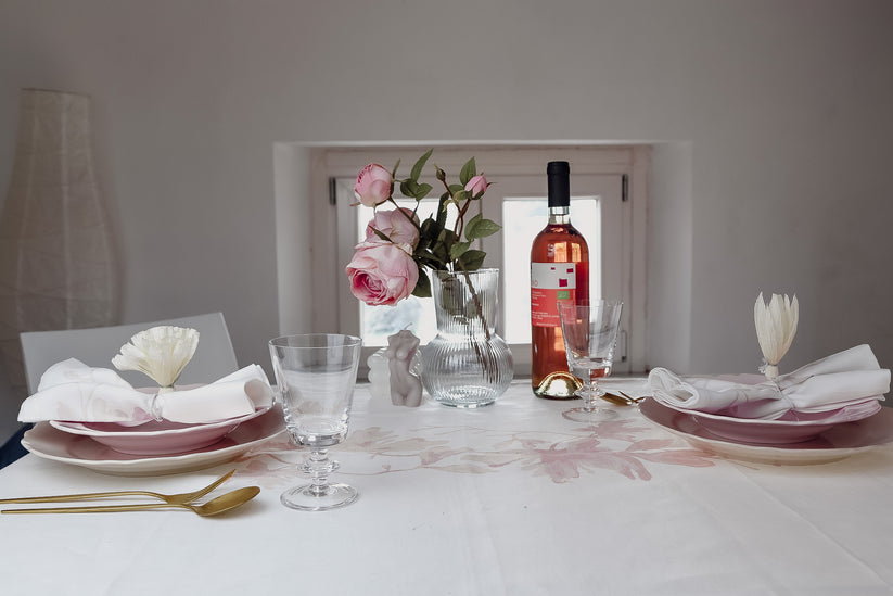 Sans Tabù Runner In Lino Grezzo Ricamato & 2 Tovaglioli - Peach Blossom