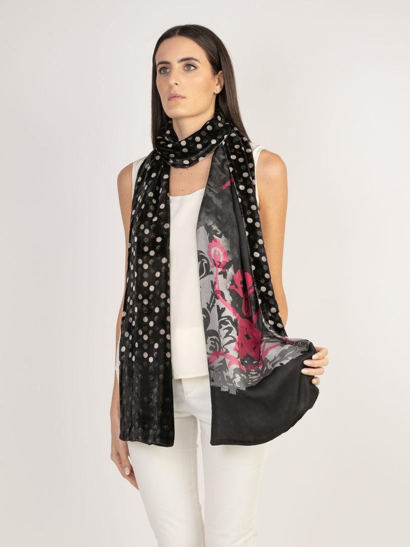 Sans Tabù Stola in seta e viscosa a pois double face “Totem” - Black