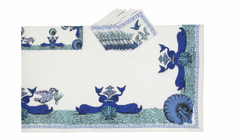 Sans Tabù Tovaglia Bianca Blu In Lino Grezzo Stampato & 8 Tovaglioli- Aristo Pop