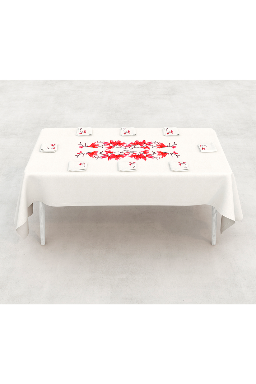 Sans Tabù Tovaglia Bianca In Lino Grezzo Ricamata & 8 Tovaglioli - Peach Blossom