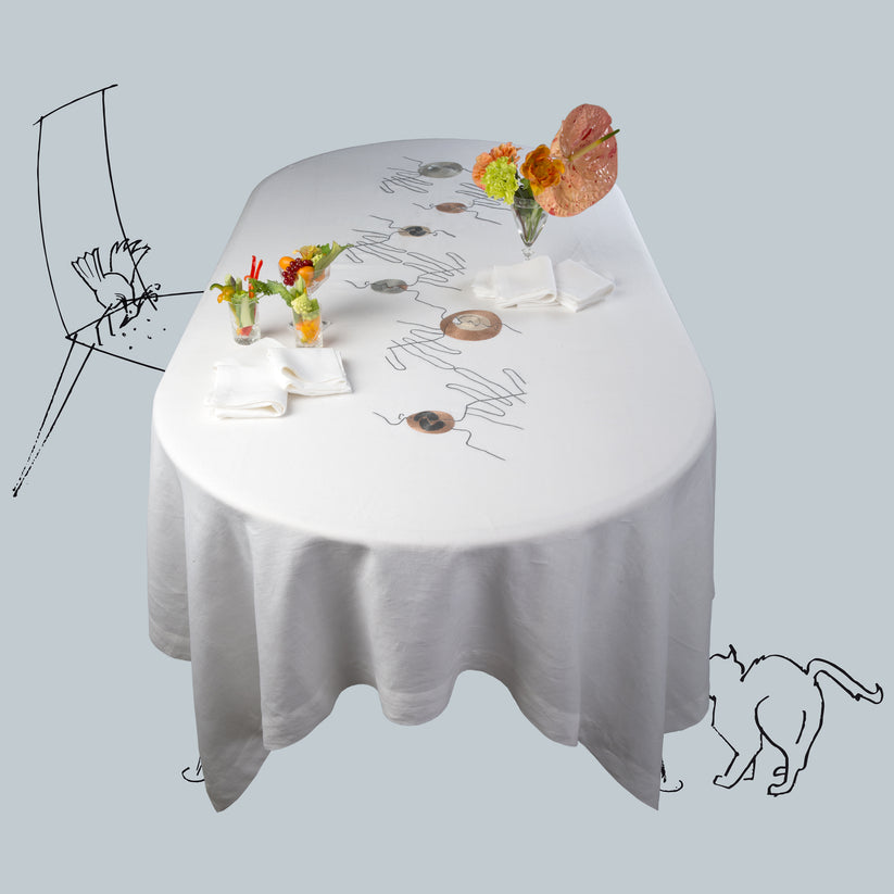 Sans Tabù Tovaglia Bianca In Lino Grezzo Ricamata & 8 Tovaglioli - Il Bacio