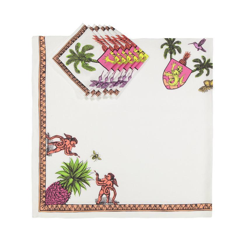 Sans Tabù Tovaglia Bianca Rosa In Lino Grezzo Stampato & 8 Tovaglioli - Aristo Pop