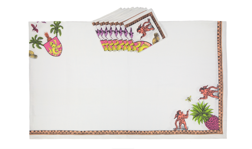 Sans Tabù Tovaglia Bianca Rosa In Lino Grezzo Stampato & 8 Tovaglioli - Aristo Pop