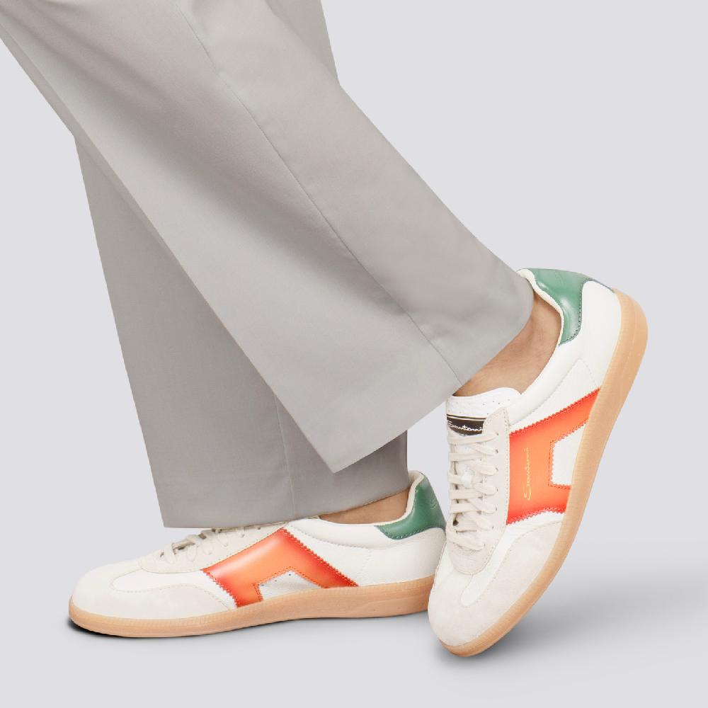Santoni DBS Oly Sneaker Da Uomo In Pelle E Suede Bianco Verde E Arancione