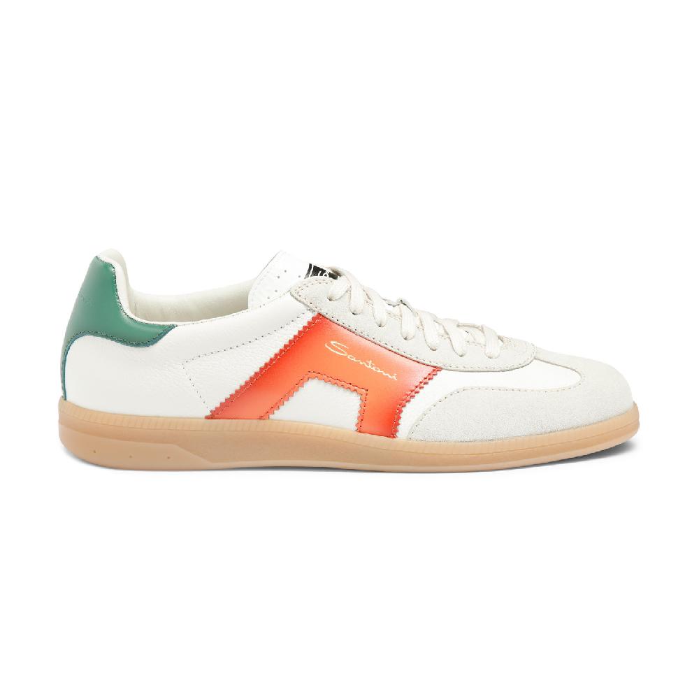 Santoni DBS Oly sneaker da uomo in pelle e suede bianco verde e arancione