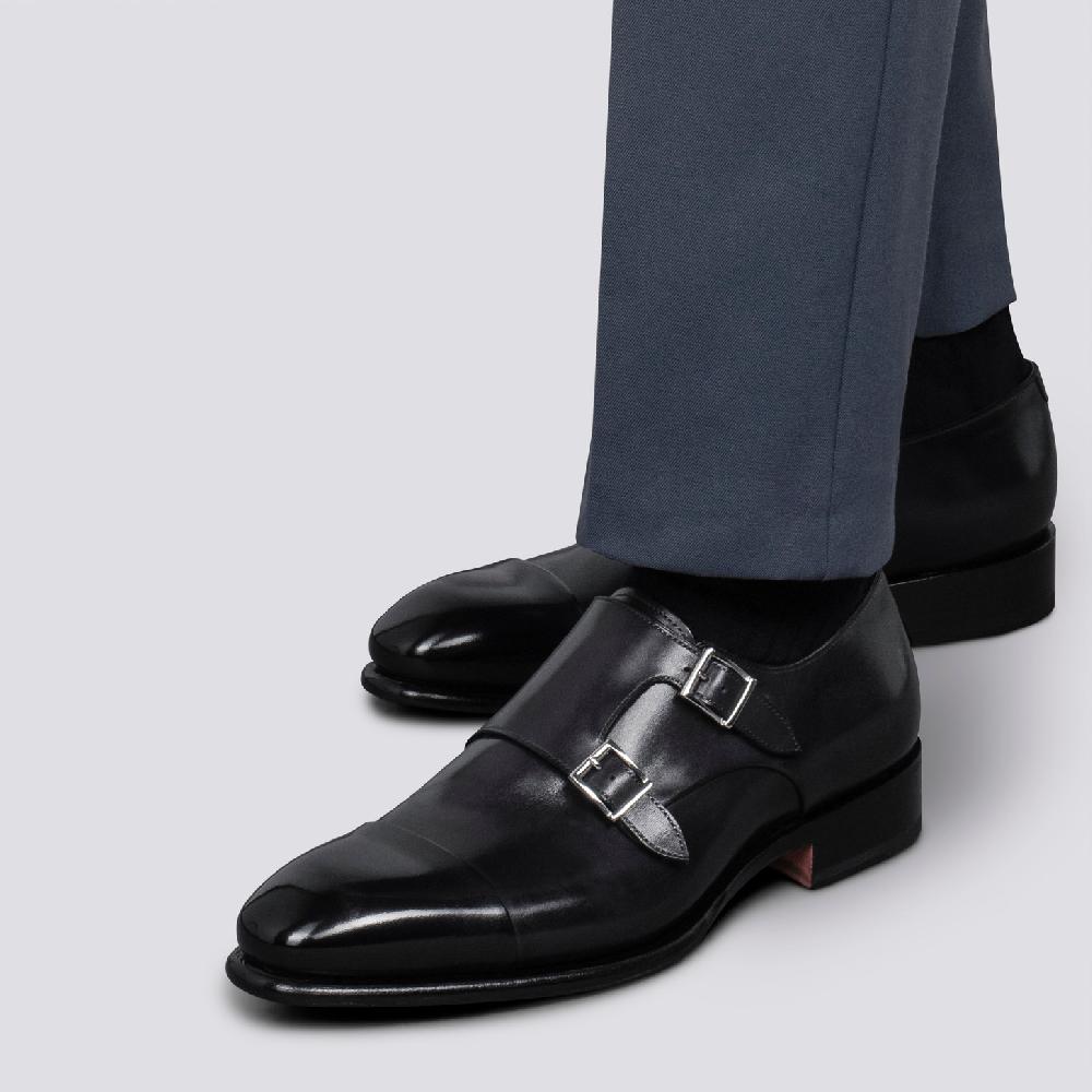 Santoni Doppia Fibbia Da Uomo In Pelle Anticata Blu