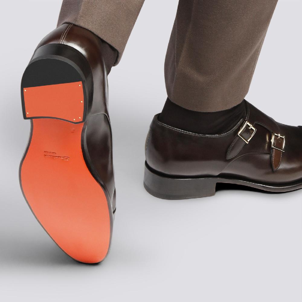 Santoni Doppia Fibbia Da Uomo In Pelle Anticata Marrone