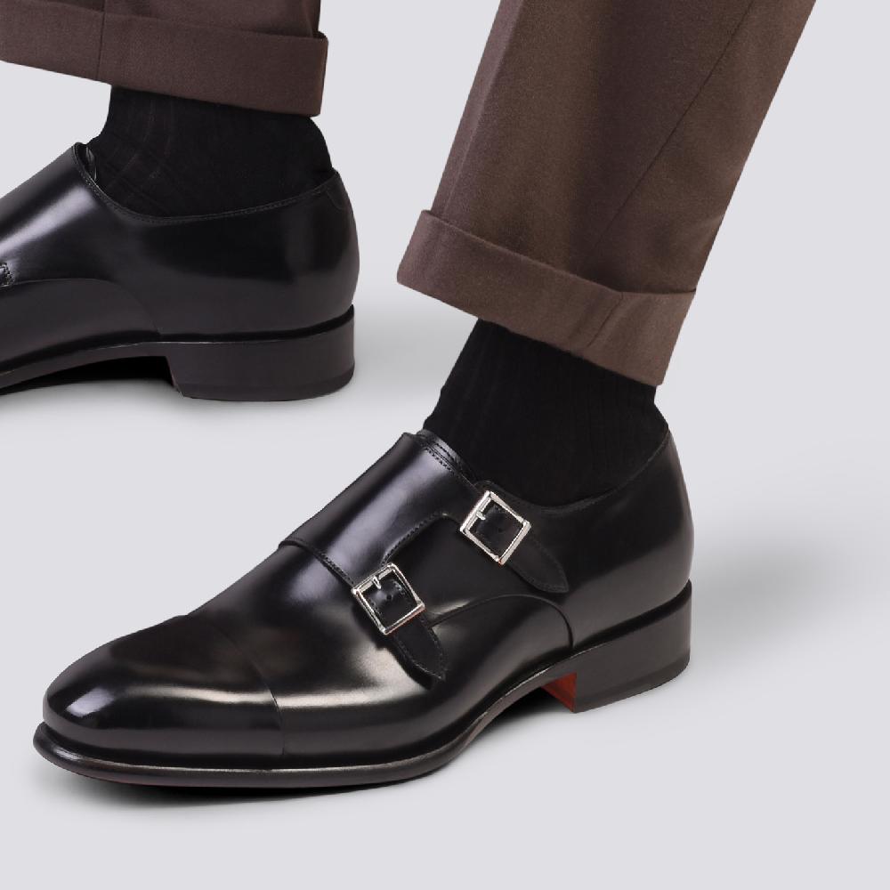 Santoni Doppia Fibbia Da Uomo In Pelle Anticata Nera