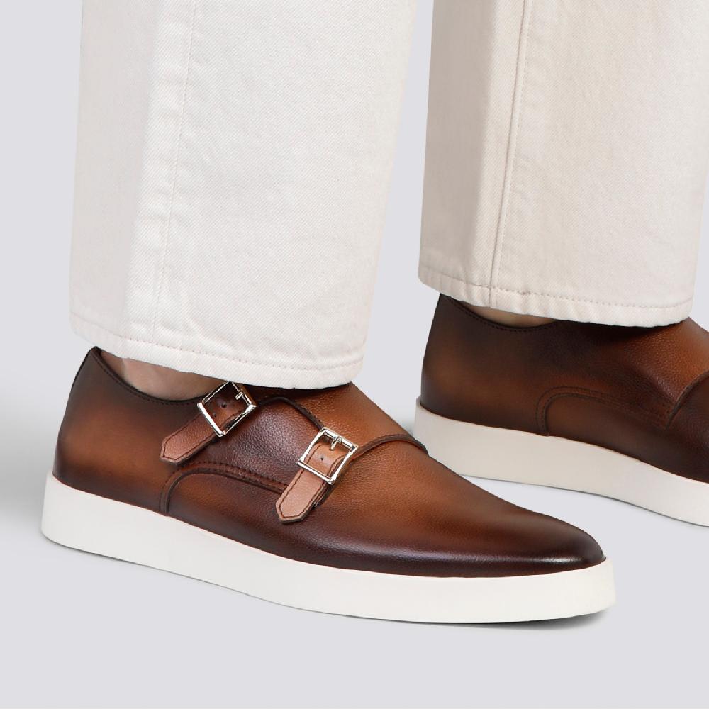 Santoni Doppia Fibbia Da Uomo In Pelle Bottalata Marrone