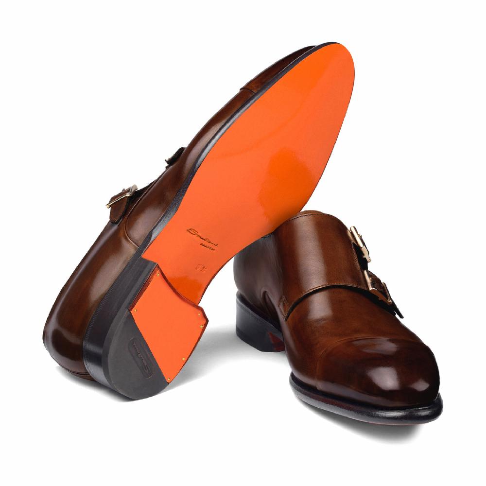 Santoni Doppia Fibbia Da Uomo In Pelle Marrone Medio