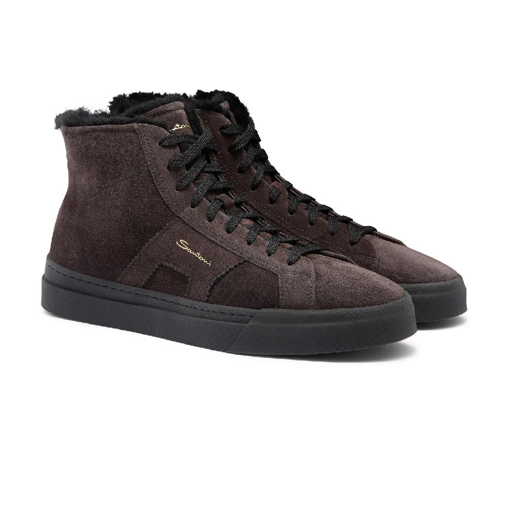 Santoni Double Buckle Sneaker Alta Con Pelliccia Da Uomo In Suede Grigio