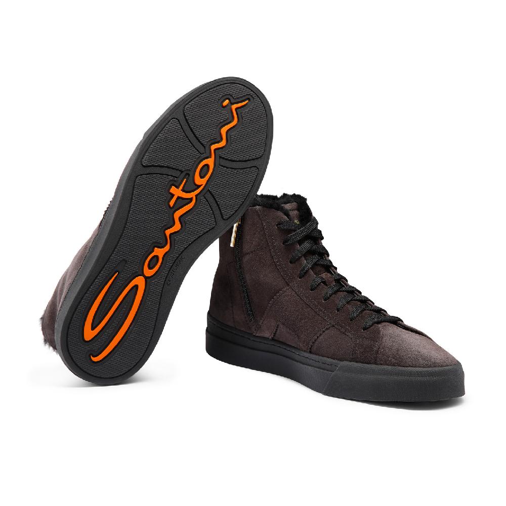 Santoni Double Buckle Sneaker Alta Con Pelliccia Da Uomo In Suede Grigio