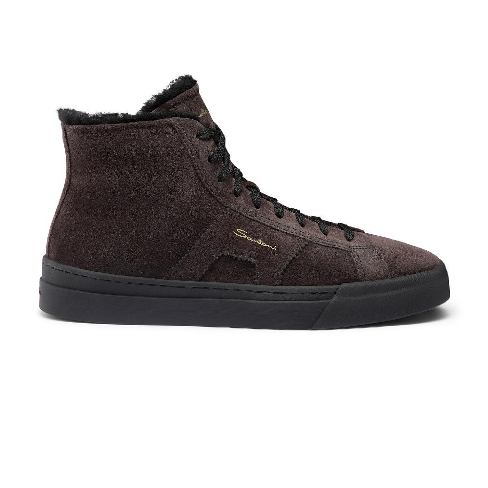 Santoni Double buckle sneaker alta con pelliccia da uomo in suede grigio