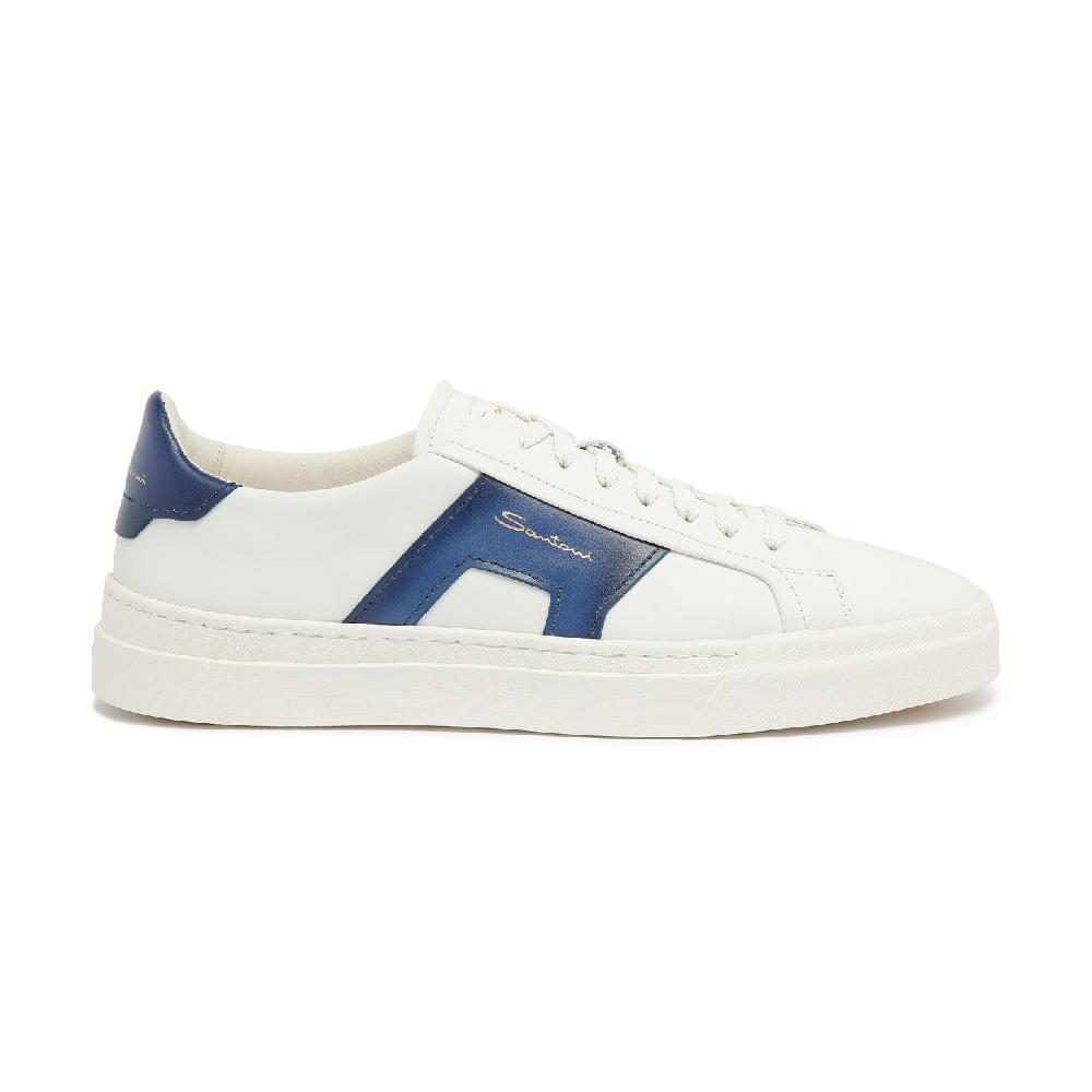 Santoni Double buckle sneaker da uomo in pelle bianca e blu