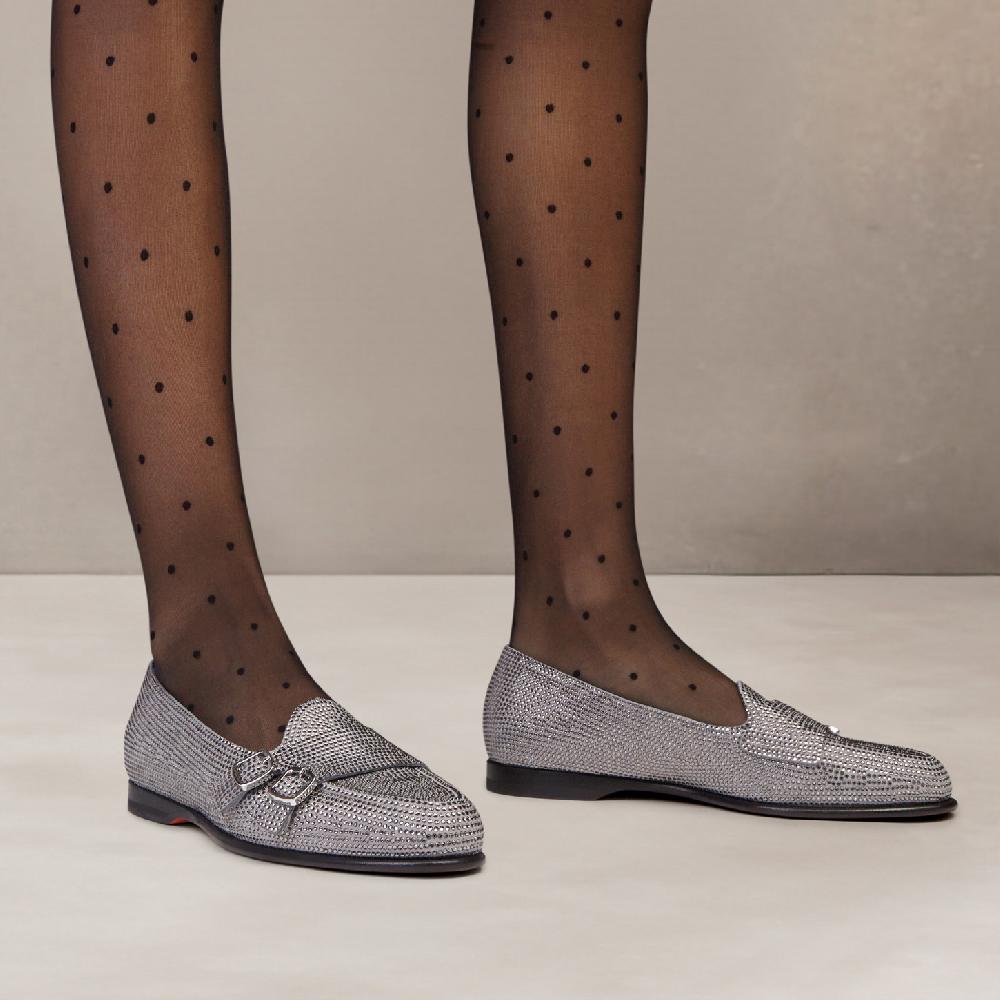 Santoni Mocassino Andrea Doppia Fibbia Da Donna In Strass Argento