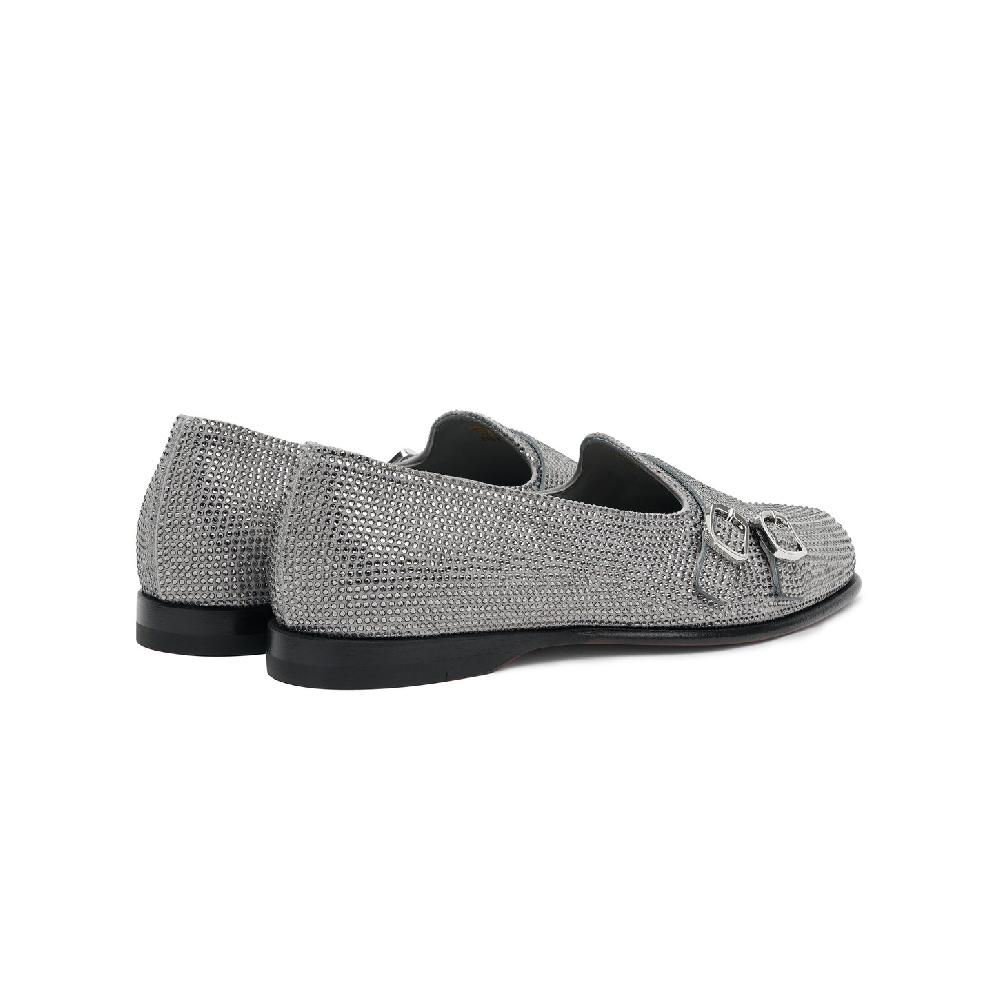 Santoni Mocassino Andrea Doppia Fibbia Da Donna In Strass Argento