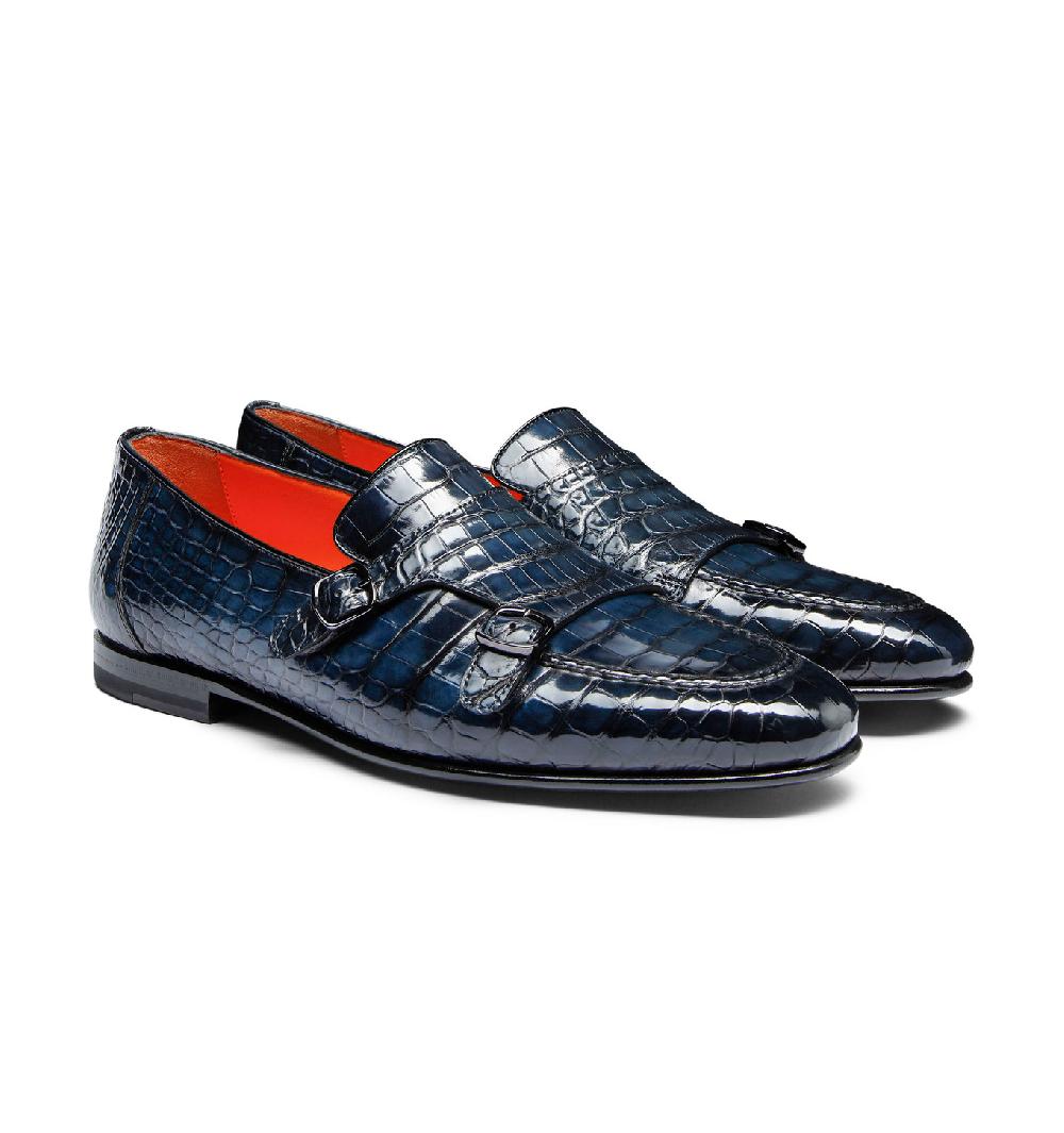 Santoni Mocassino Con Doppia Fibbia Da Uomo In Alligatore Blu