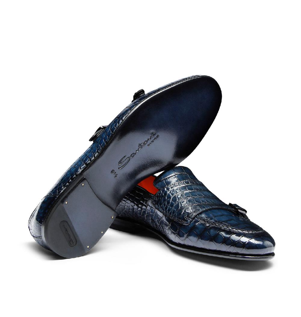 Santoni Mocassino Con Doppia Fibbia Da Uomo In Alligatore Blu