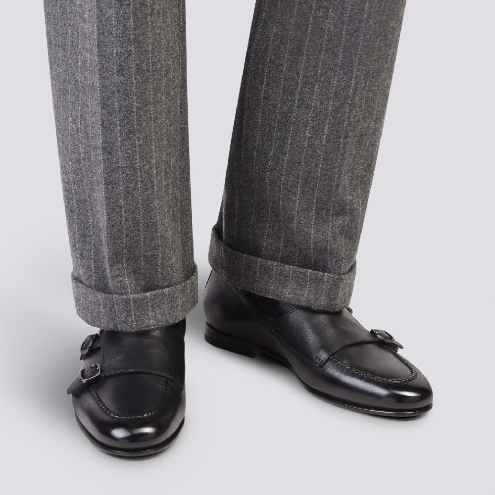 Santoni Mocassino Con Doppia Fibbia Da Uomo In Pelle Anticata Nera