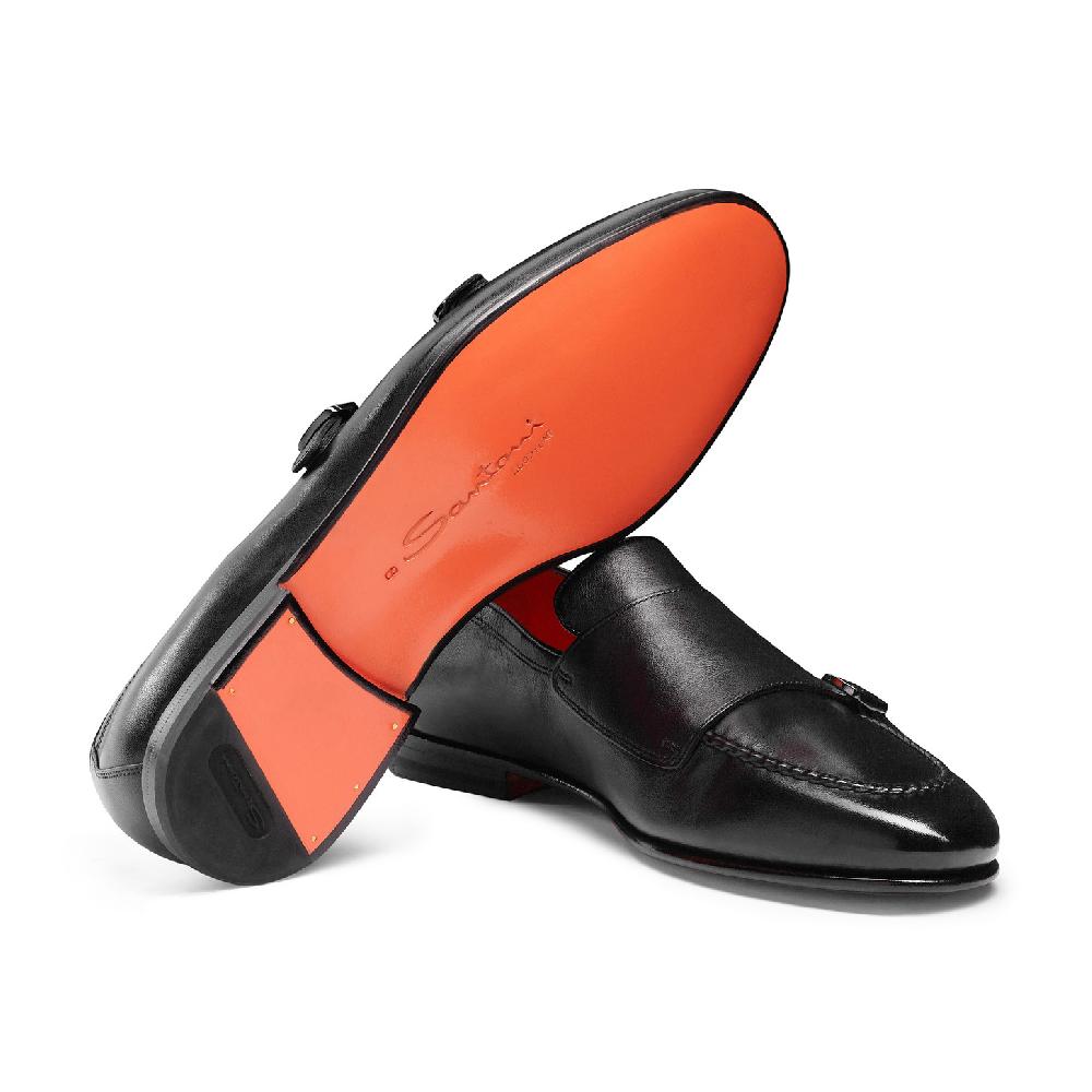 Santoni Mocassino Con Doppia Fibbia Da Uomo In Pelle Anticata Nera