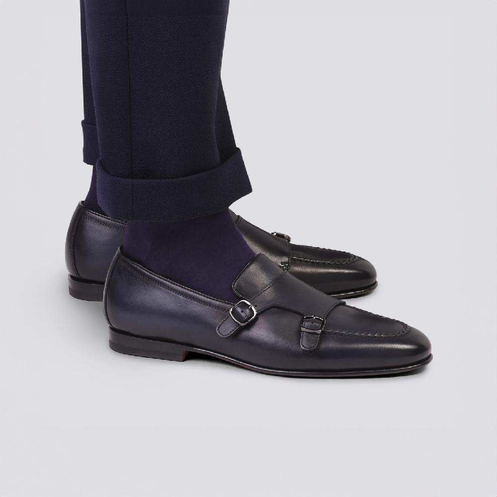 Santoni Mocassino Con Doppia Fibbia Da Uomo In Pelle Anticata Blu